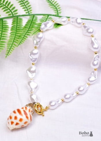 Boho Necklace, White Peal Sea Shell